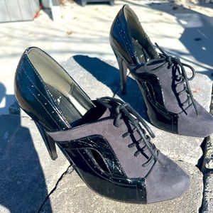 Liliana black patent and faux suede lace up heels